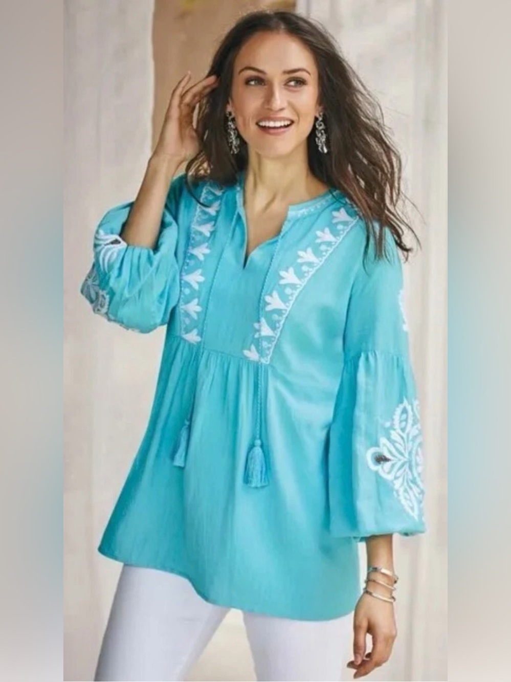 Soft Surroundings Marissa Embroidered Top Atlas Blue‎ PS GUC